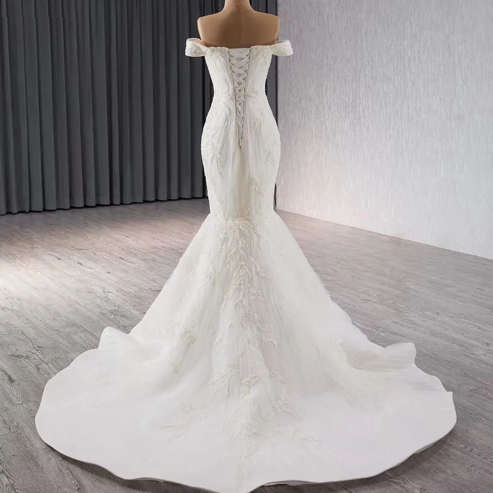 Gaun Pengantin Tanpa Tali Bahu Terbuka Berenda Punggung Applique Bordir Pengantin Gaun Pengantin Kustom Putri Duyung