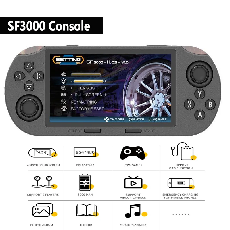 SF3000 Game Console 4.5 Inch Portable Handheld Game Player 64G 20000 Retro Games Support Two Players / Music Video Players Game