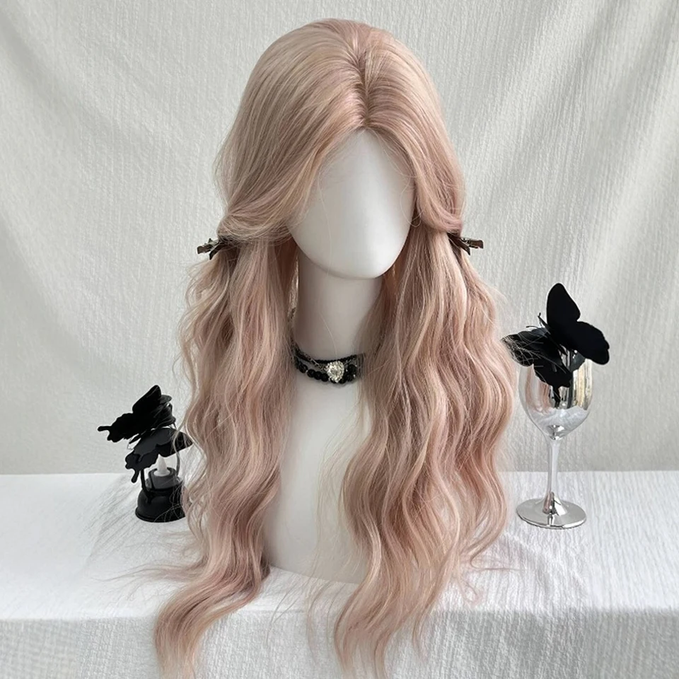 

Pink Gold Wavy Synthetic Wig with Bangs Natural Long Curly Hair Cosplay Lolita Layered Wig for Women Daily Use Wig Heat Resistan