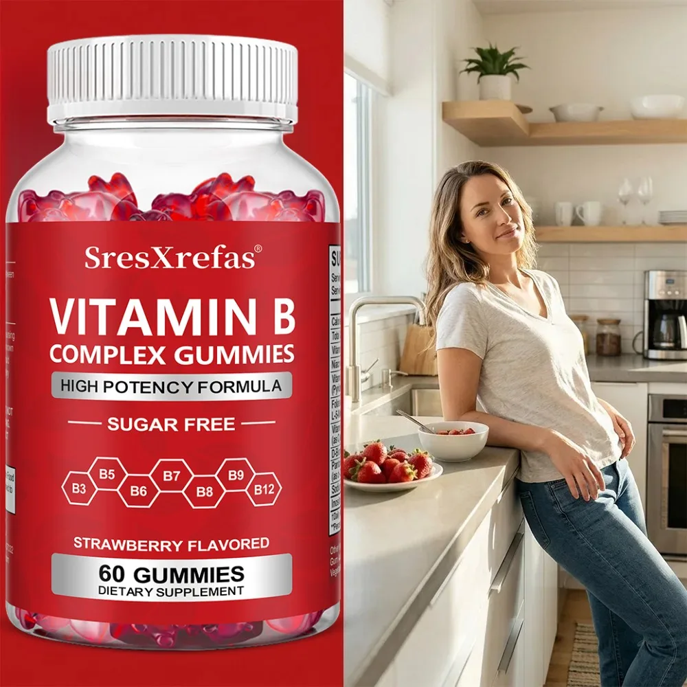 

Vitamin B Complex Gummies, High-Potency Formula (Sugar-Free), B3, B5, B6, B7, B8, B9, B12, Strawberry Flavor, 60 Count