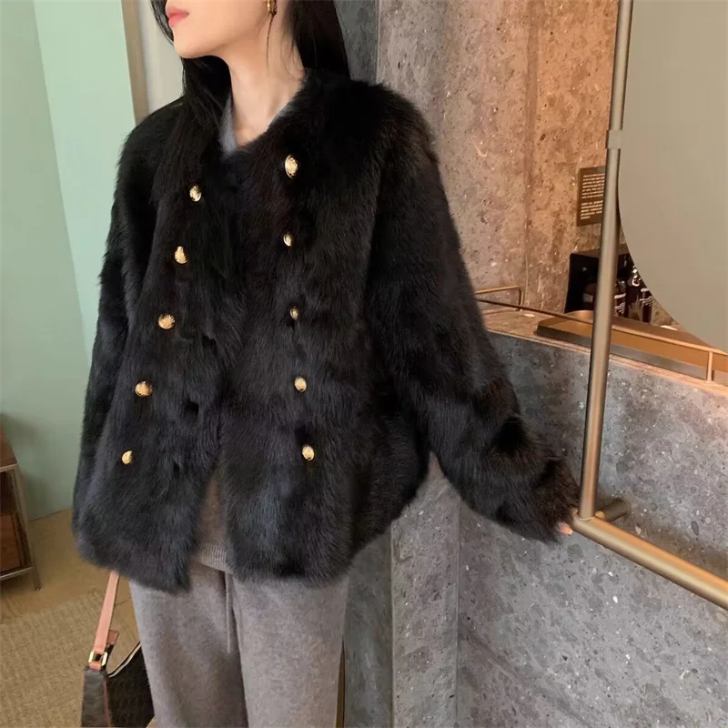 Women's fur Coat New Cardigan Round Neck fur Coat Female Autumn and Winter Loose Padded Plush Short fur one Small Fragrance top