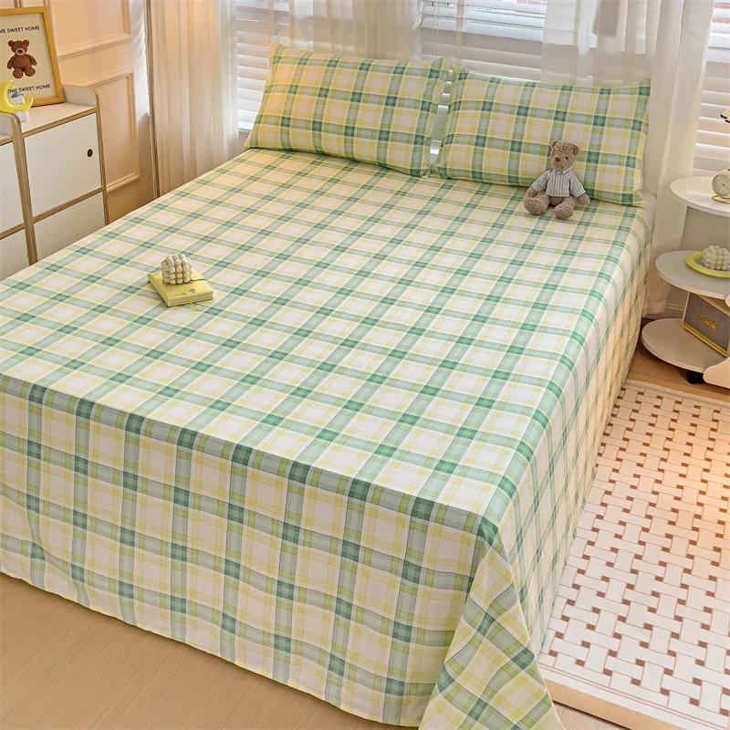 Green Yellow Plaid Cotton Flat Sheet Queen Geometric Bedsheet 3 Piece Buffalo Gingham Flat Sheets Grid Bedding for Adult Bedroom