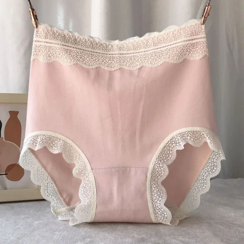 

High Waisted Underwear Women Pure Cotton Antibacterial Bottom Crotch Sexy Seamless Buttocks Wrapped Lace Edgy Triangle Panties