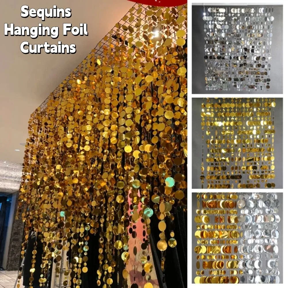 

10PCS 1 Meter Sequins Hanging Foil Curtains Gold Silver PVC Round Sequin Rain Curtain Flash Curtains Indoor Home Decoration