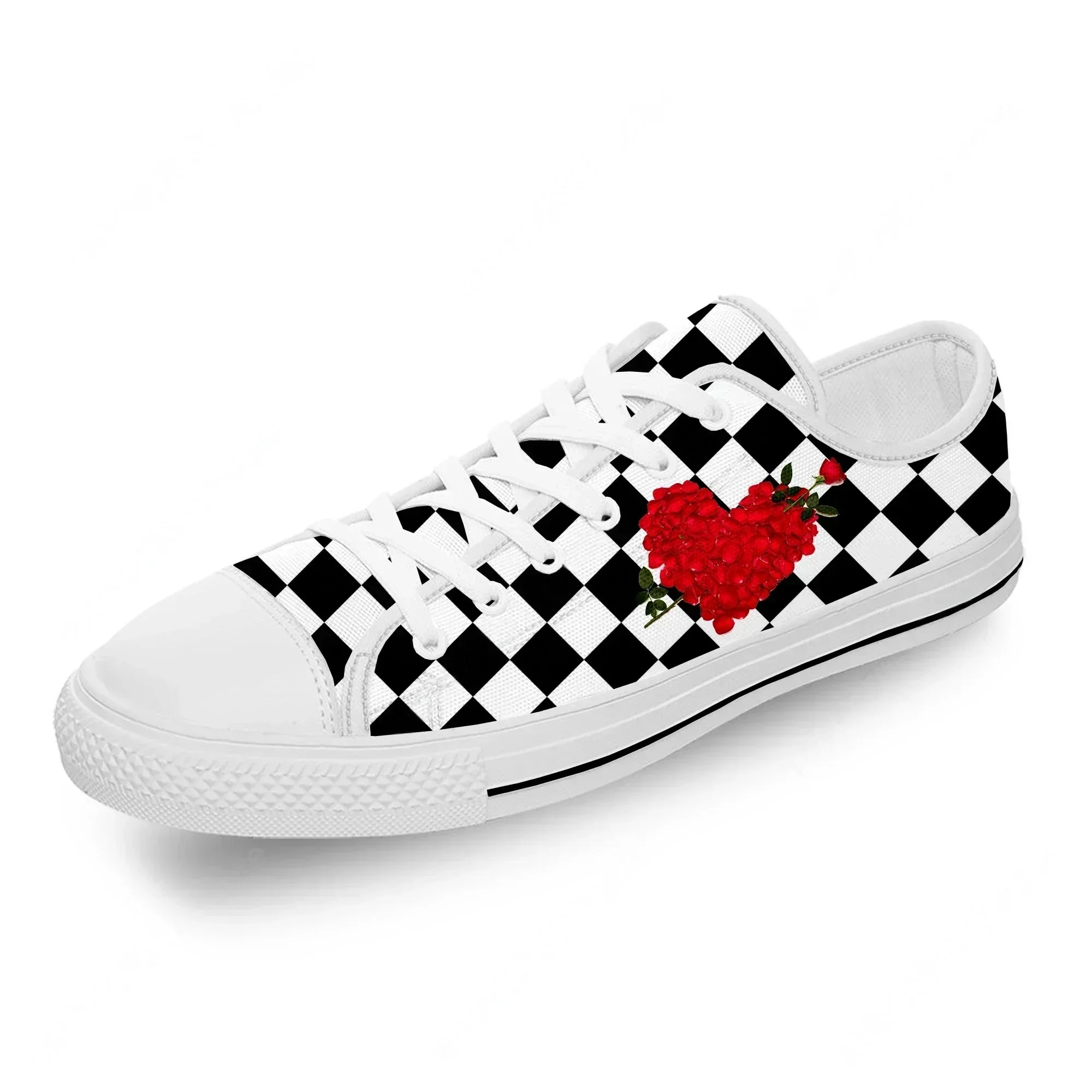 Black And White Squares Rose Flower White Cloth Fashion 3D Print Low Top Canvas Shoes Men Women Lightweight Breathable Sneakers