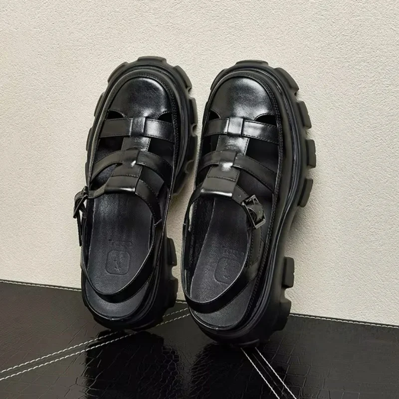 

Breathable Men Genuine Leather Sandals Luxury Handmade Platform 6 Cm Height Hollow Fashion 2026 Summer Outdoor Social Shoes Male