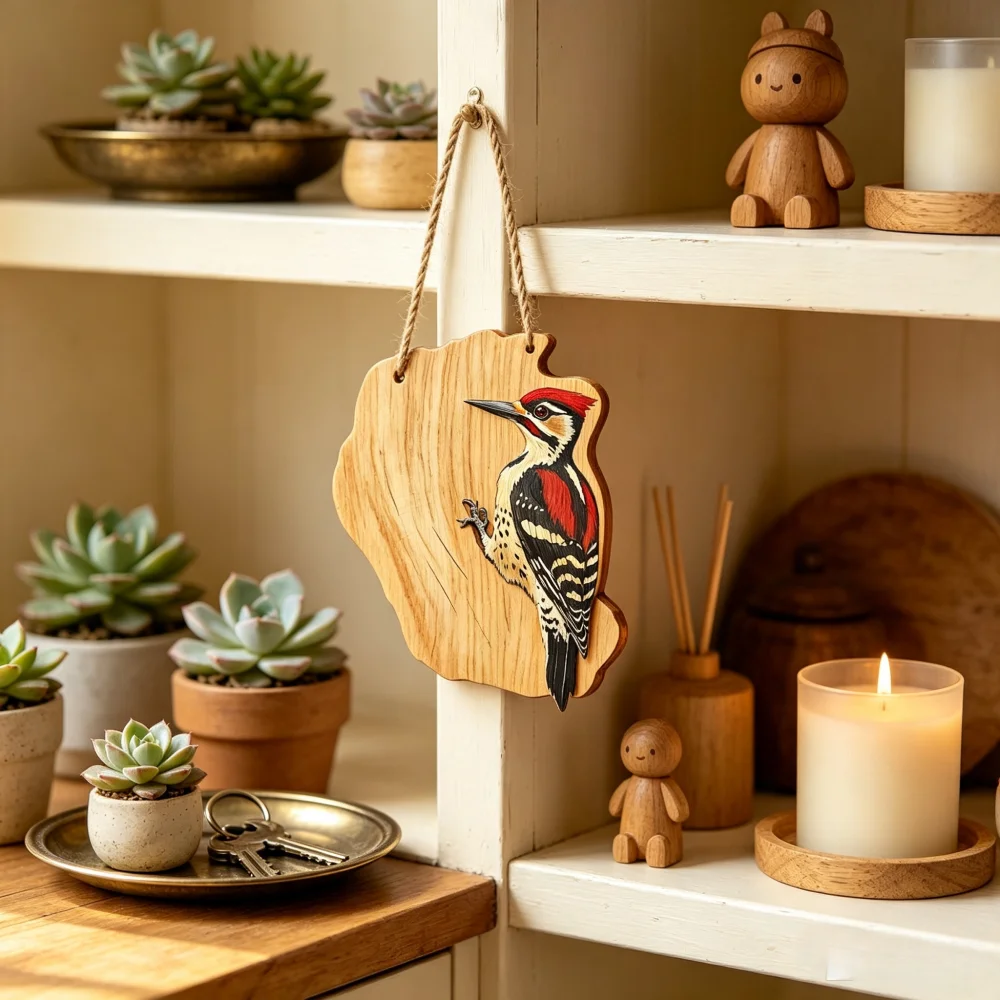 Rustic Wooden Bird Wall Hanging Plaque, 2D Printed Woodpecker Boxwood Wall Decor, Farmhouse Style Ornament for Bird‑Lovers, 6.7inch × 8inch, 5mm Thick