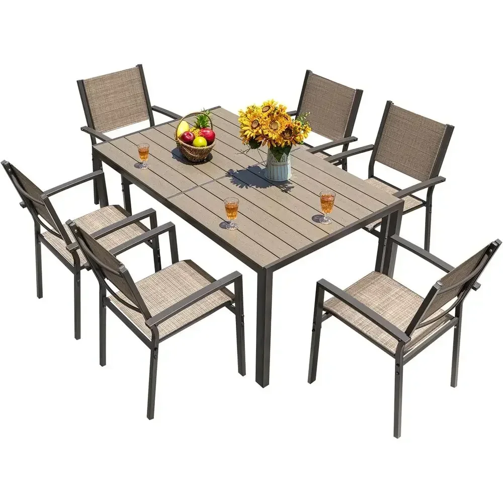 7-Piece Outdoor Dining Set with 6 Stackable Chairs and Large Table for Yard, Garden, Porch, and Poolside (Beige)