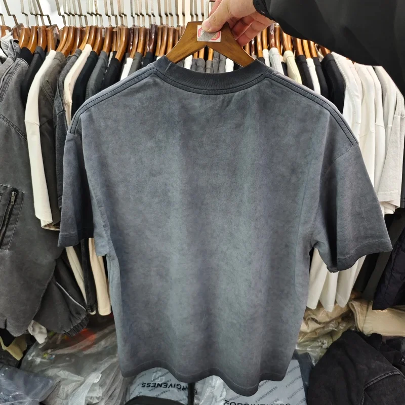 Y2K Streetwear Horror T-Shirt - Oversized Gray Washed Distressed Tee with Creepy Mask Graphic view 2