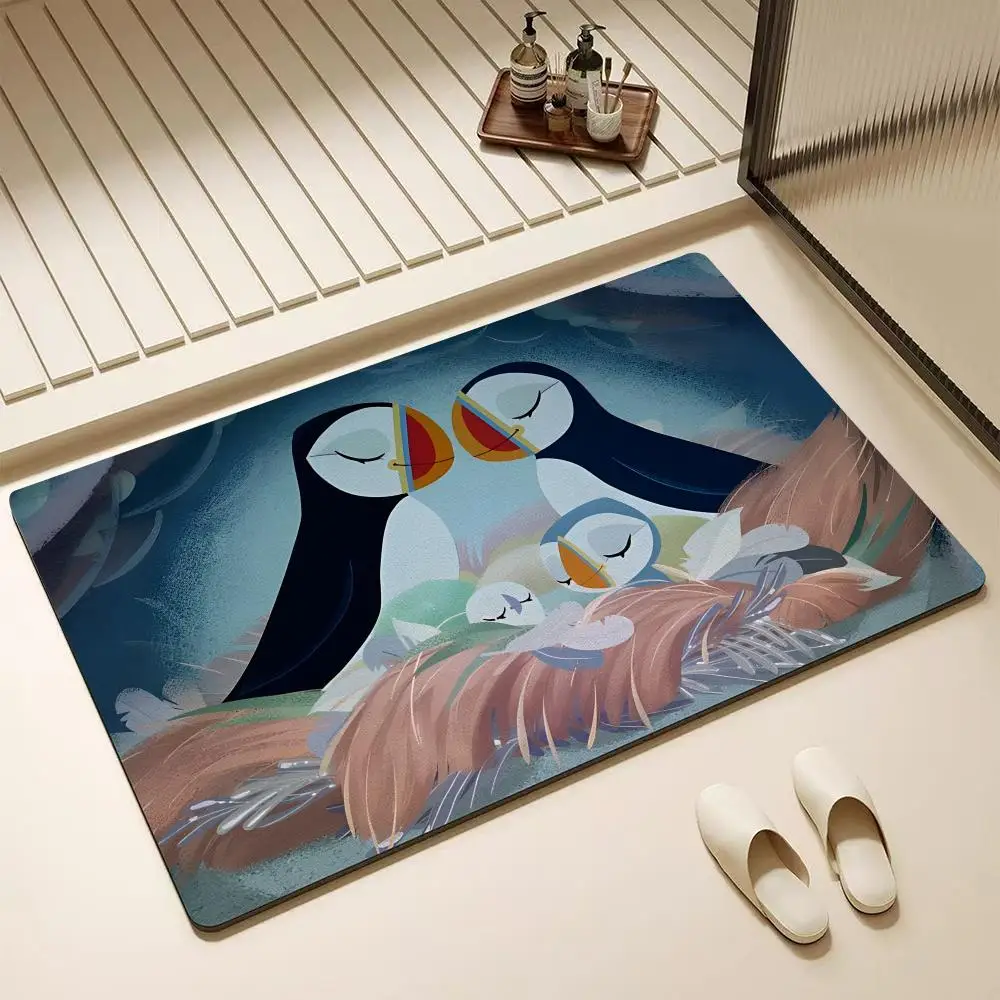 P-puffin Rock Animation Floor Mat Diatomite Bath Mat – Highly Absorbent, Non-Slip, Quick-Drying Bathroom Rug