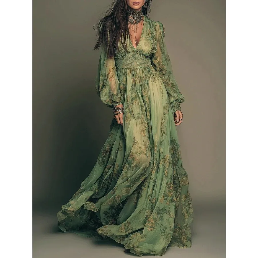 

【Новый стиль】2026 Европейско-американское платье в пасторальном стиле с богемным принтом, V-образным вырезом и длинными рукавами, хит продаж