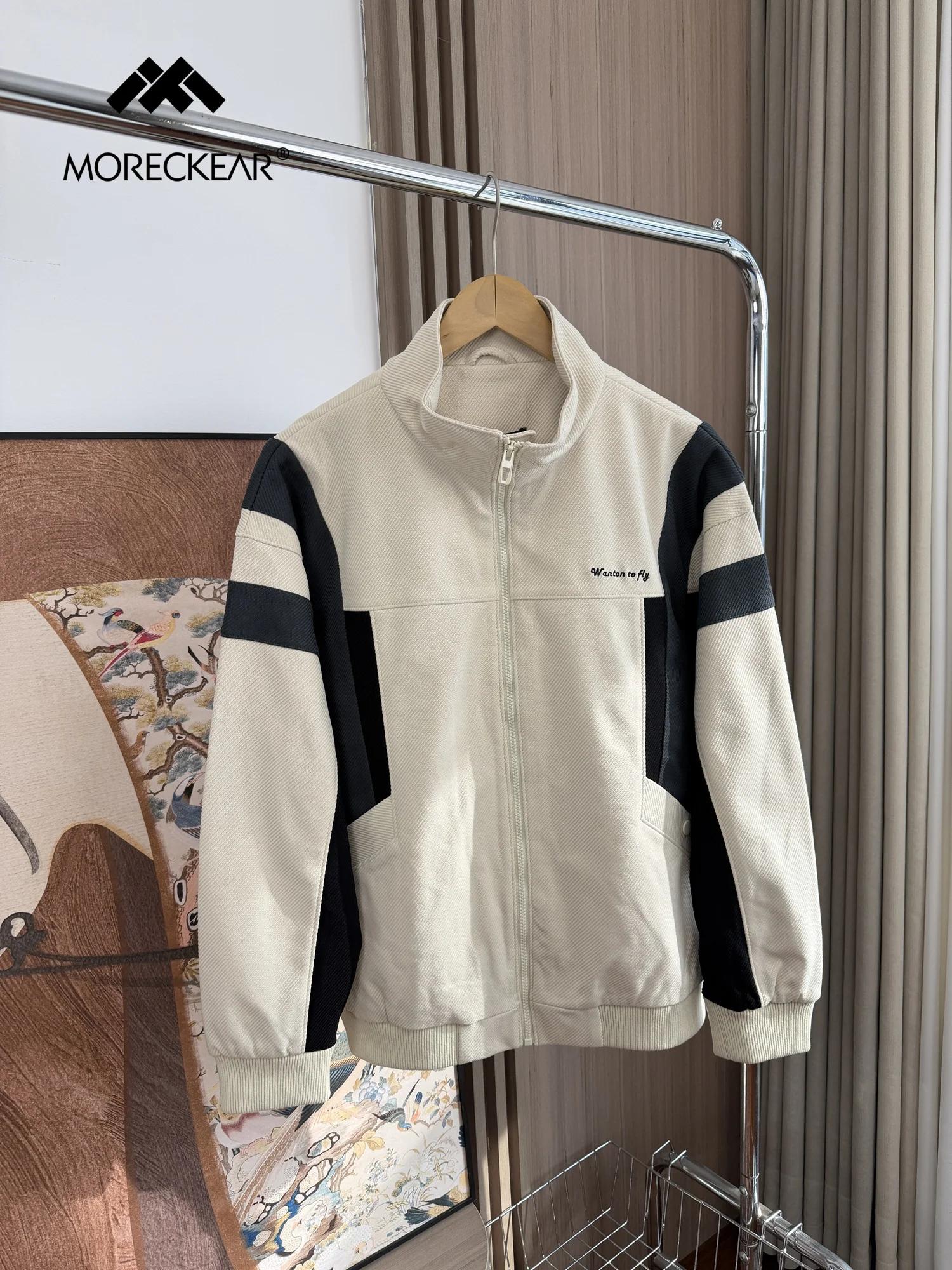 

Color Blo Contrast Spring Outdoor Commuting Men's Casual Jaet Stand Collar Zipper Closure Faion Urban Sle Coat