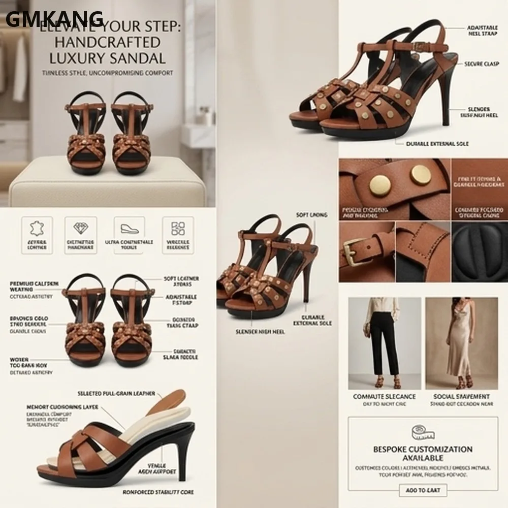 Women's Leather Peep Toe Platform Sandals, High Heel Stilettos with Rivet Decor, Adjustable Ankle Strap, Summer Chic