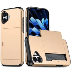 For iPhone 16 Pro Max 15 14 Plus 13 12 11 Wallet Cover Credit Card Holder Slot Sliding Pocket Dual Layer Protective Phone Case