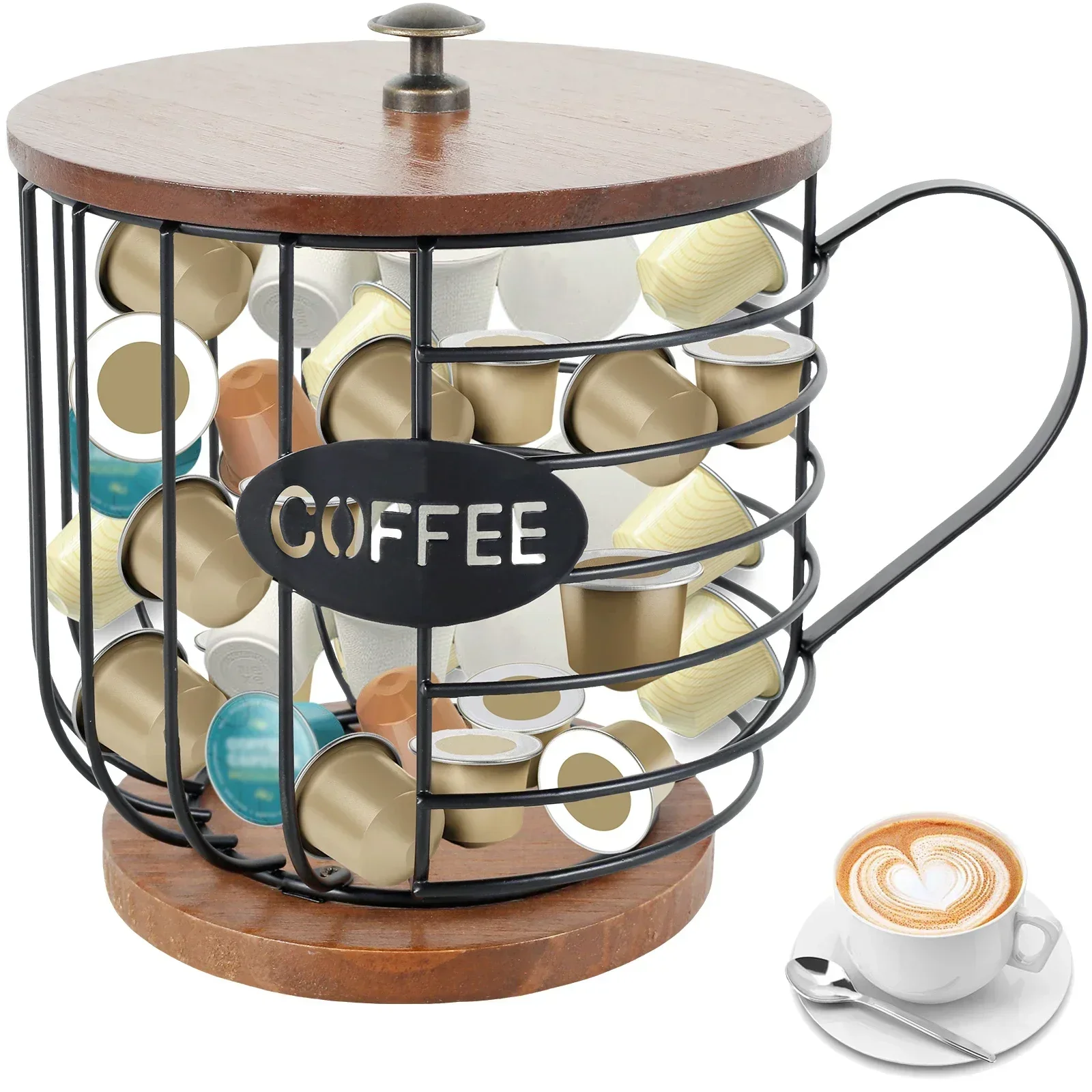 

Coffee Pod Holder with Wooden Base Large Capacity Coffee Filters Storage Metal Coffee Capsule Cages Round Pod Container NEW