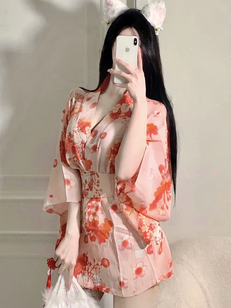 الرغبة النقية لطيف الوردي أرنب مثير معدات الملابس الداخلية موحدة إغراء تأثيري ايمو كيمونو امرأة