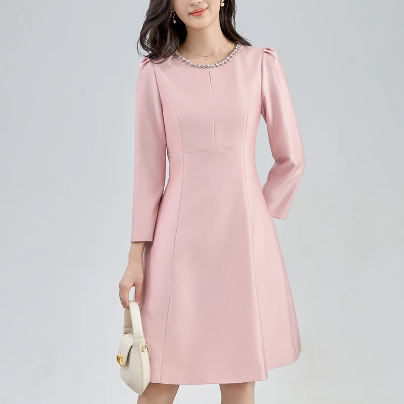 

2024 Autumn Formal Occasions Elegant Fashion Dresses For Women Diamonds Women's Clothing Solid Office Lady Mid Dress A-line