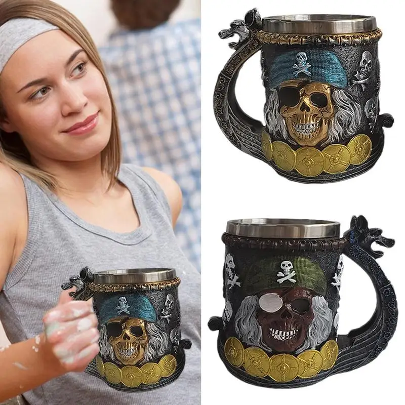 

Stainless Steel Pirate Theme Coffee Tea Mug Insert Resin Beer Cup party Halloween gift Portable Christmas Tea Mug Pub Bar Decor