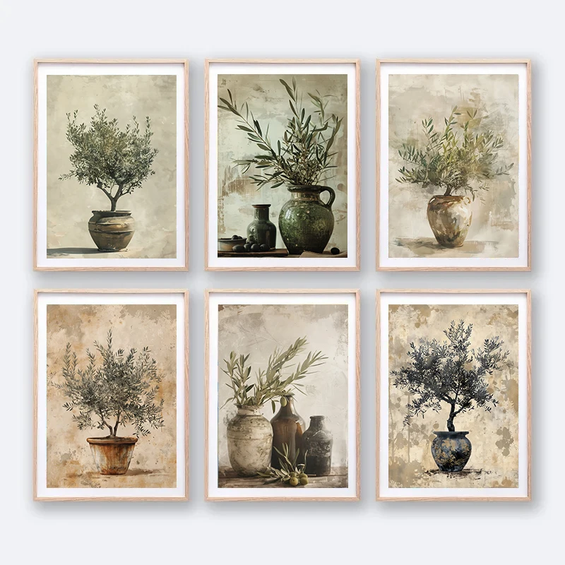 Vintage Pottery Botanical Olive Branches Rustic Plant Posters and Prints Canvas Printing Wall Art Picture for Living Room Decor