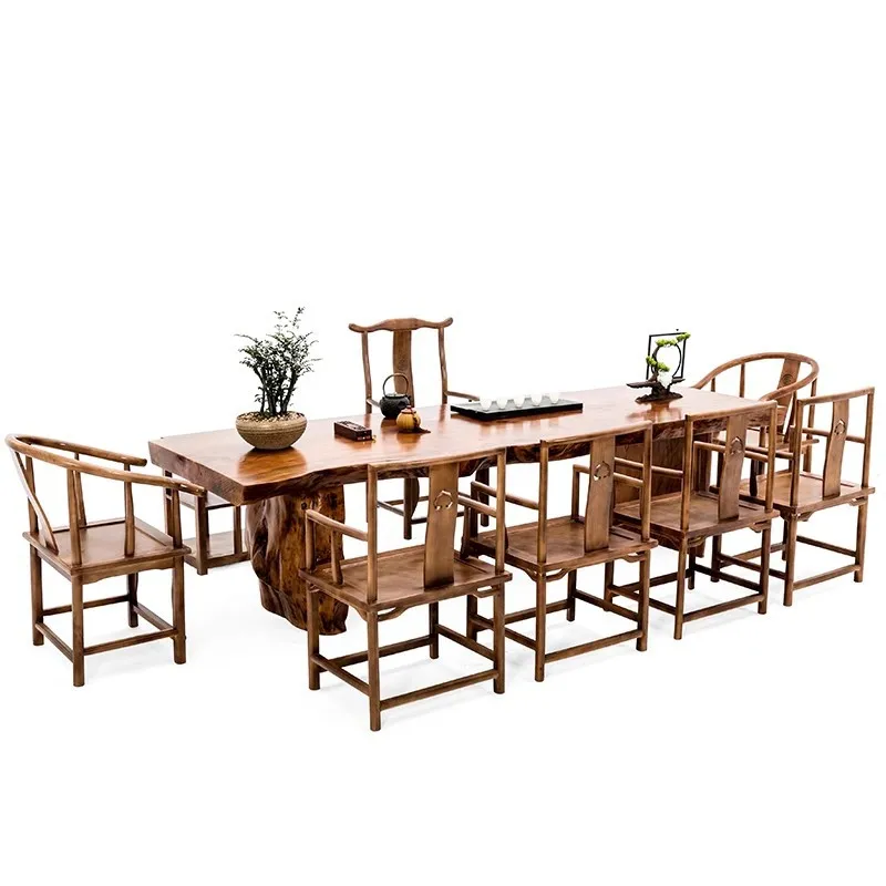

Solid wood tea table and chair combination simple modern irregular whole board log large board tea table office boss tea table
