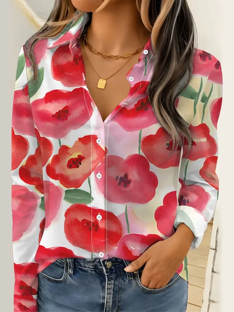 Women 2026 Long Sleeve Shirt Fashion Abstract Dot Printing Blouse Elegant Graphic Casual Daily Wear Spring Autumn Blouse Tops