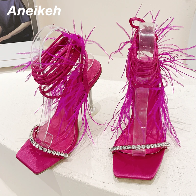 Aneikeh 2025 Sexy Rhinestone Feather Women Sandals Lace-up Summer Shoes Ankle Strap Gladiator Squared Toe Thin Heels Size 35-41