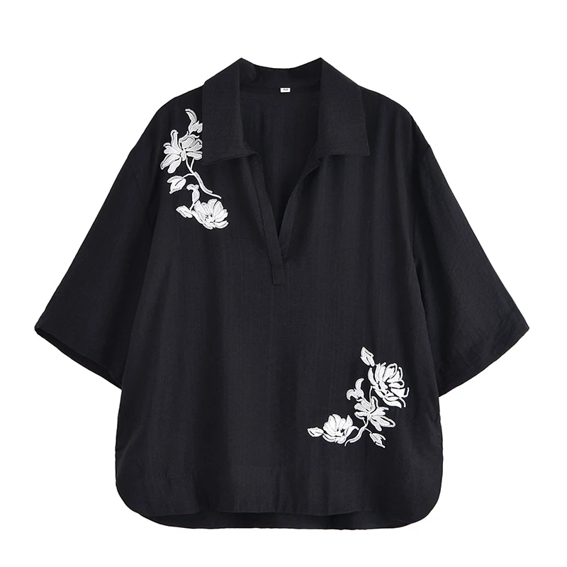 

New Women Black White Floral Embroidery Shirt Short Sleeve Lapel Collar Casual Loose Autumn Blouse Blusas Mujer