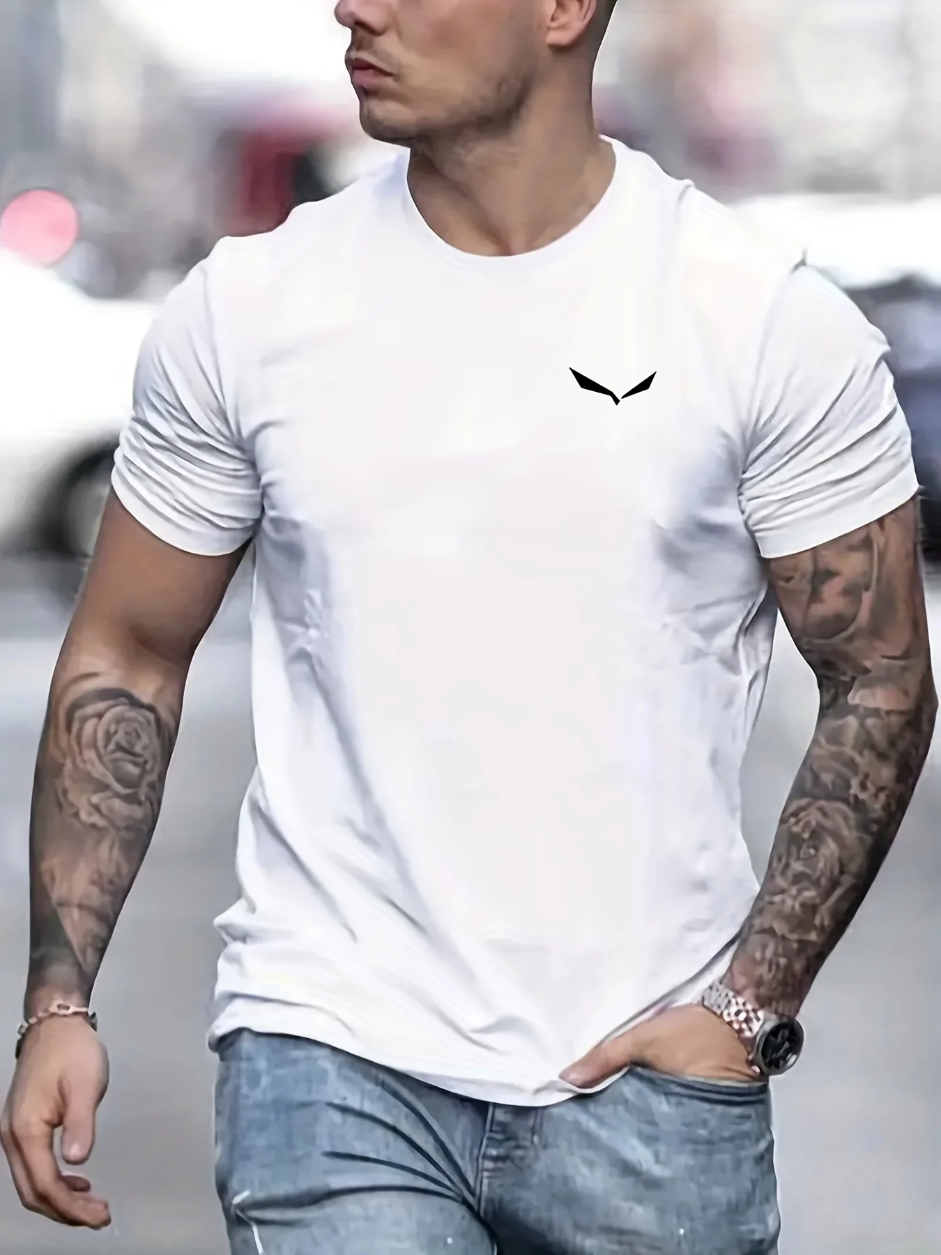 Men\'s Summer Loose Size 100% Cotton Bird Print Slim Fit Casual Round Neck Short Sleeve T-shirt Top