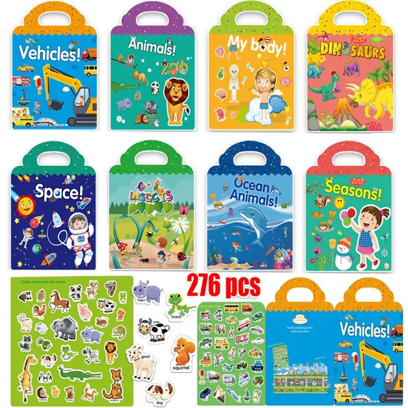 Kids Reusable Sticker Book Multiple Scenarios Cartoon DIY Puzzle Educational Cognition Learning Toys for Child Age 2-4 Gift