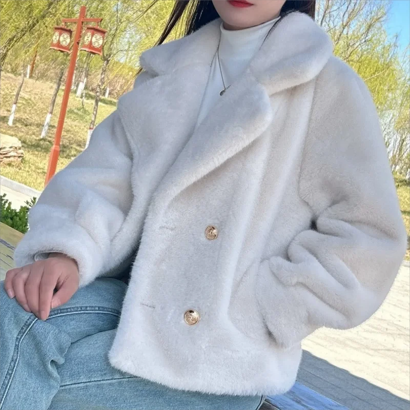 2024 Winter New Fashion Women Thicker Warm Faux Mink Fur Coat Lapel Double Breasted Button Elegant OL Style Short Jacket