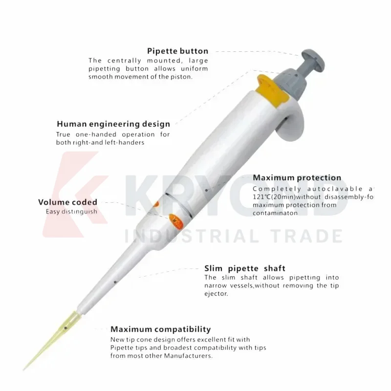 Fixed Volume Micropipette Single Channel Manual Pipettor 5-1000ul 121C Fully Autoclavable Lab Pipette