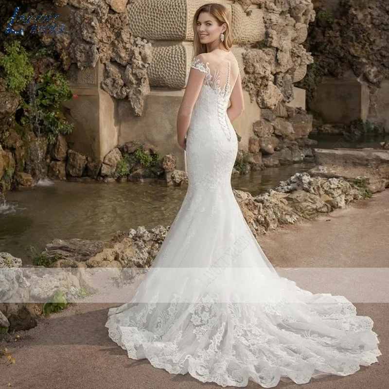 LAYOUT NICEB abito da sposa a sirena donna affascinante Appliques di pizzo abito da sposa Robe De Mariée Illusion maniche corte splendido Boho L'abito da sposa di lusso Abito da sposa principessa sexy sirena abito da s