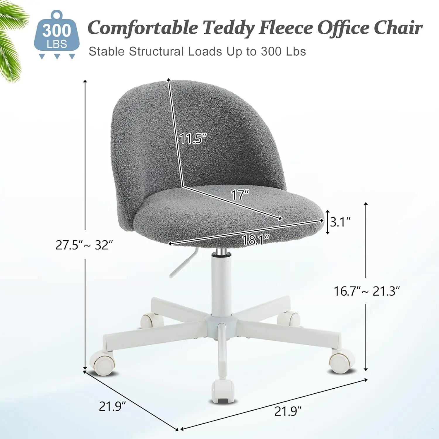 Vingli Candy Chair Armless Cute Desk Chair,Comfy Small Office Chair With Wheels,Vanity Chair With Lumbar Support,Teddy