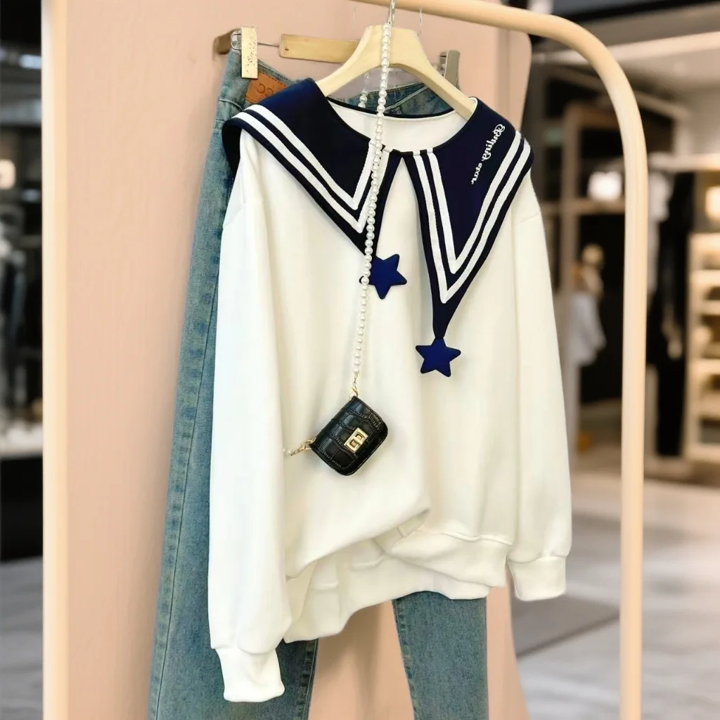 

Женская свободная толстовка больших размеров с капюшоном и воротником цвета морской волны, в японском студенческом стиле, универсальная, модная, с эффектом омоложения