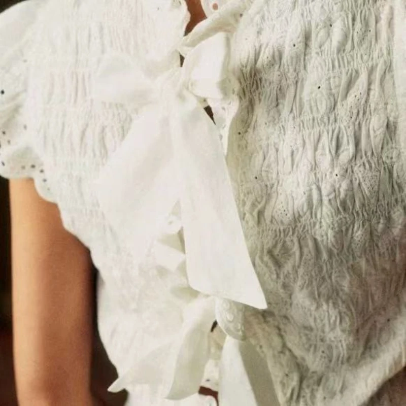 2025 Sezanes shirt French vintage summer new sweet ageing stretch pleated design wood ear collar small fly sleeve waist