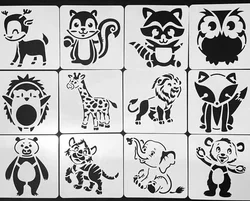Pochoirs de dessin d'animaux de dessin animé pour enfants et étudiants, modèle de peinture, SLaura, décoration d'album de scrapbooking, ensemble de 12 pièces