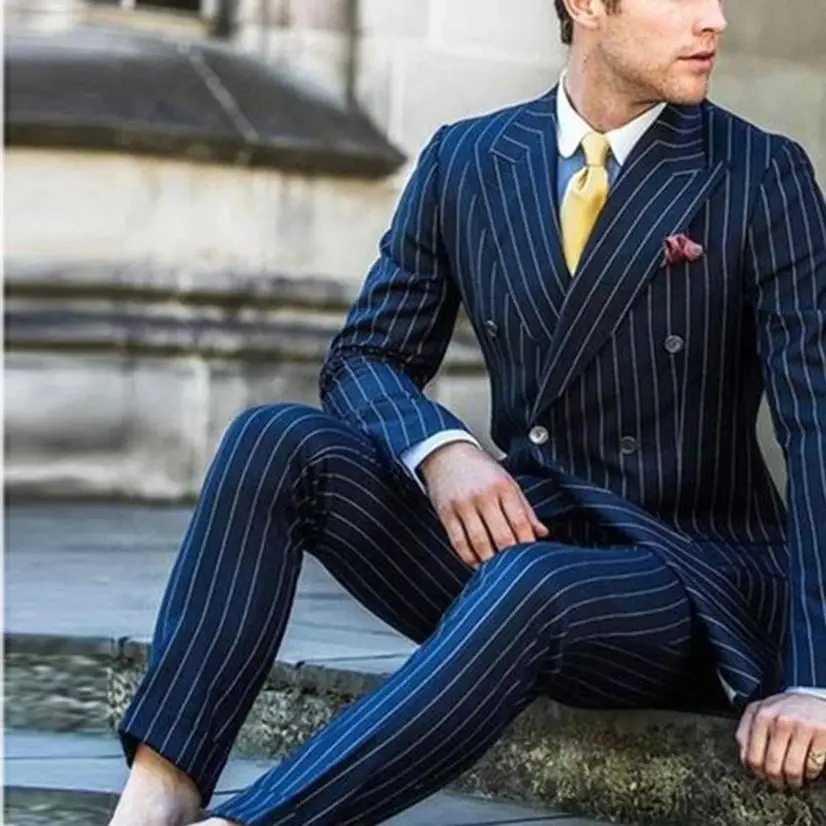 Esmoquin de doble botonadura para novio, traje de boda, chaqueta y pantalones, color azul marino, 2024