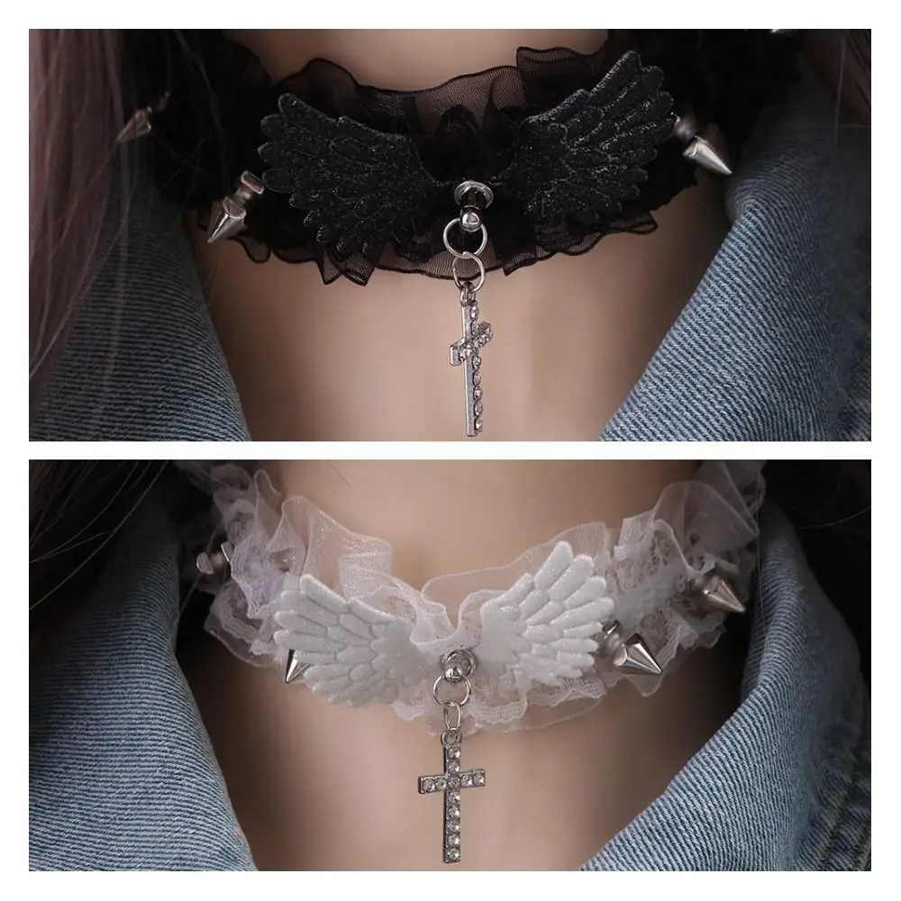 Gothic Black White Lace Lolita Collar Crystal Cross Pendant Angel Wings Rivet Choker Necklace for Women Egirl Y2K Jewelry Gifts