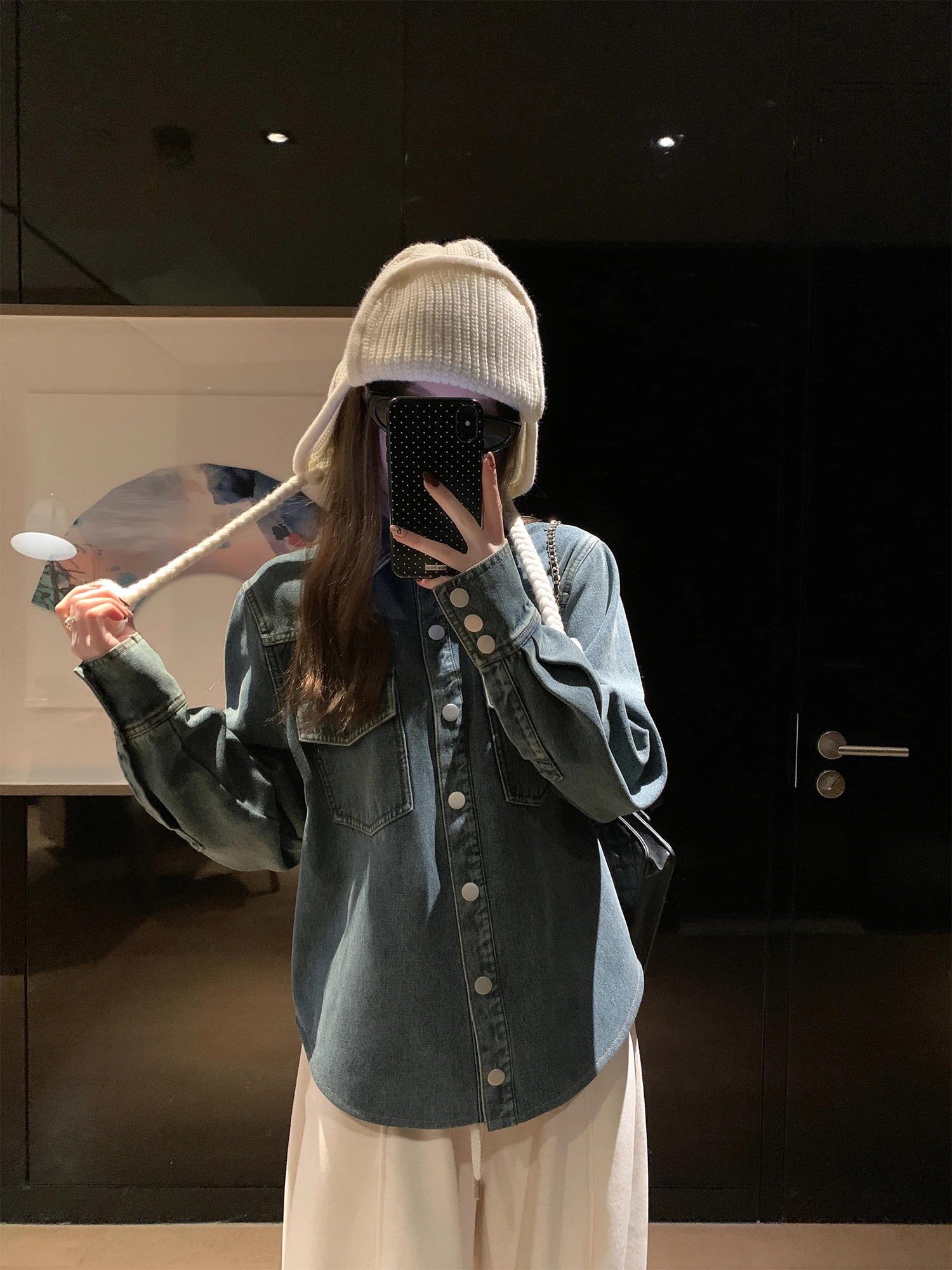 

Retro Fce Lined Denim irt Women's Layering Top for Study Room Blue Tone Warm Long Sve Casual irt Button Closure