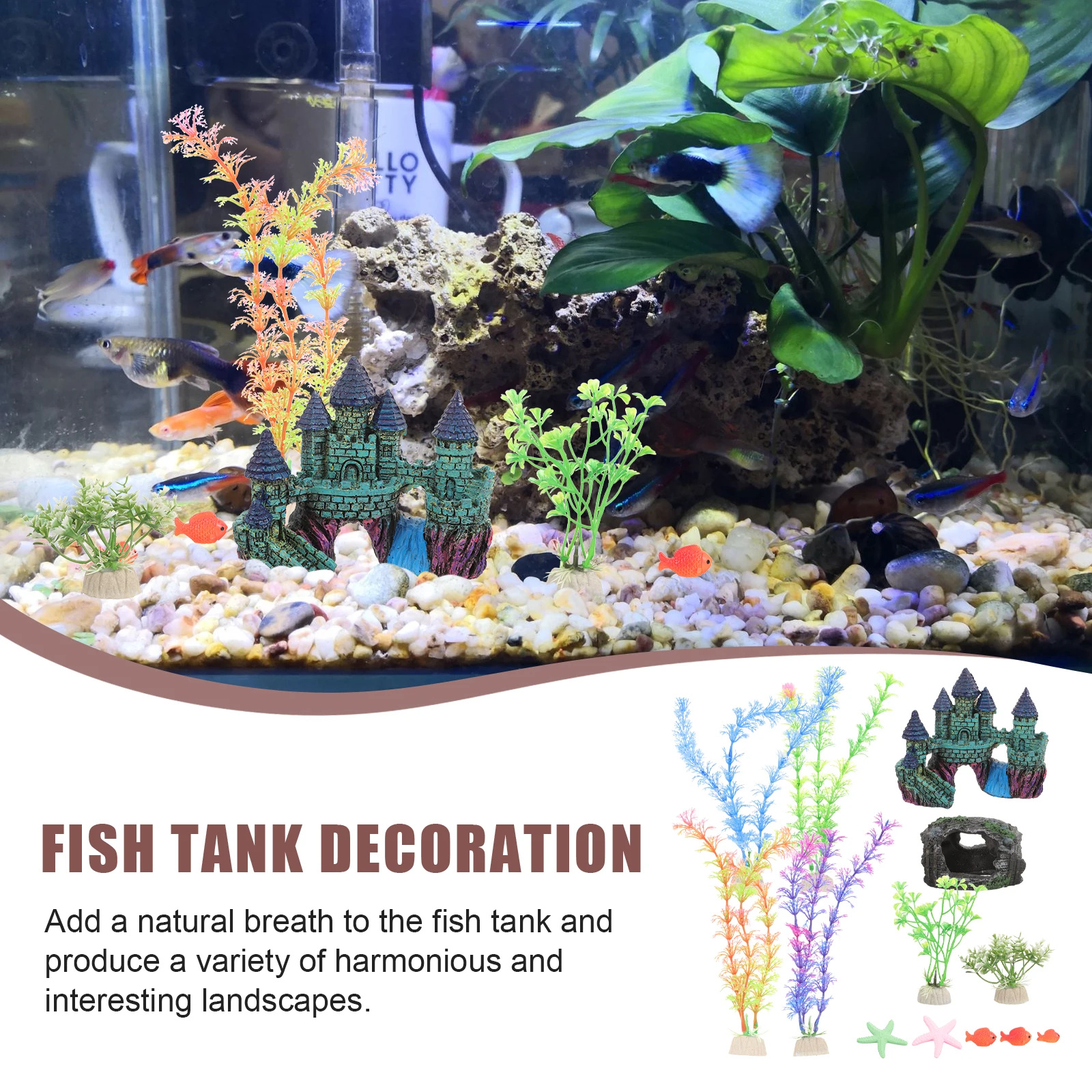 

15pcs Fish Tank Decoration Kit Aquatic Plants Plastic Aquarium Decor Safe Wear-Resistant Castle Barrel Household Faux Plant