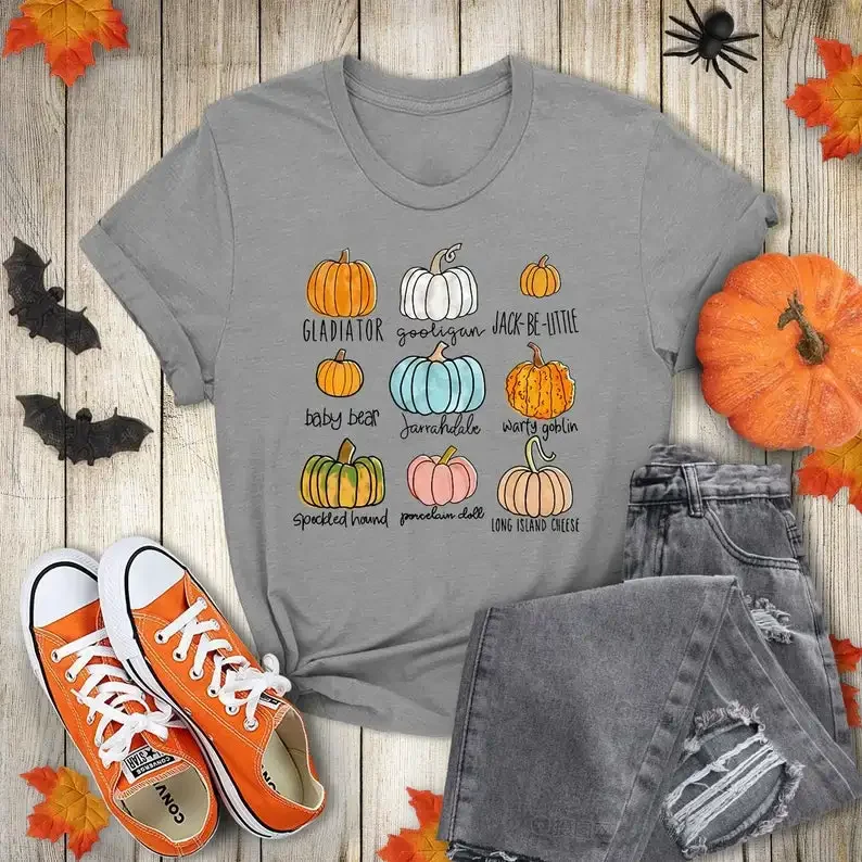 Pumpkin Varieties unisex tshirt Cute Pumpkin Womens Fall Womens Thanksgiving Halloween shirt Foodie 100%Cotton O Neck kawaii y2k