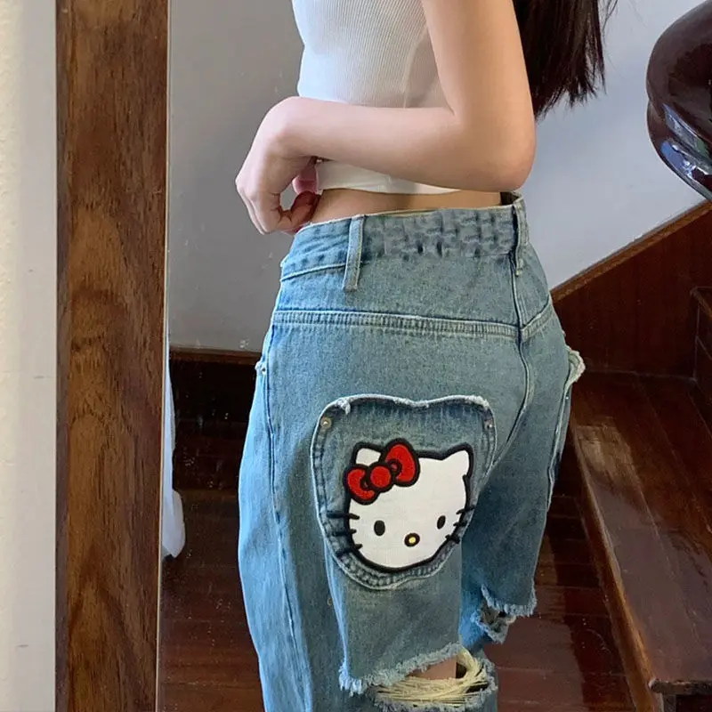 

Fashion Sanrio Hello Kitty Women Broken Hole Jeans Cartoon All-Match Y2K Hip Hop High Waist Straight Loose Trouser Mopping Pants