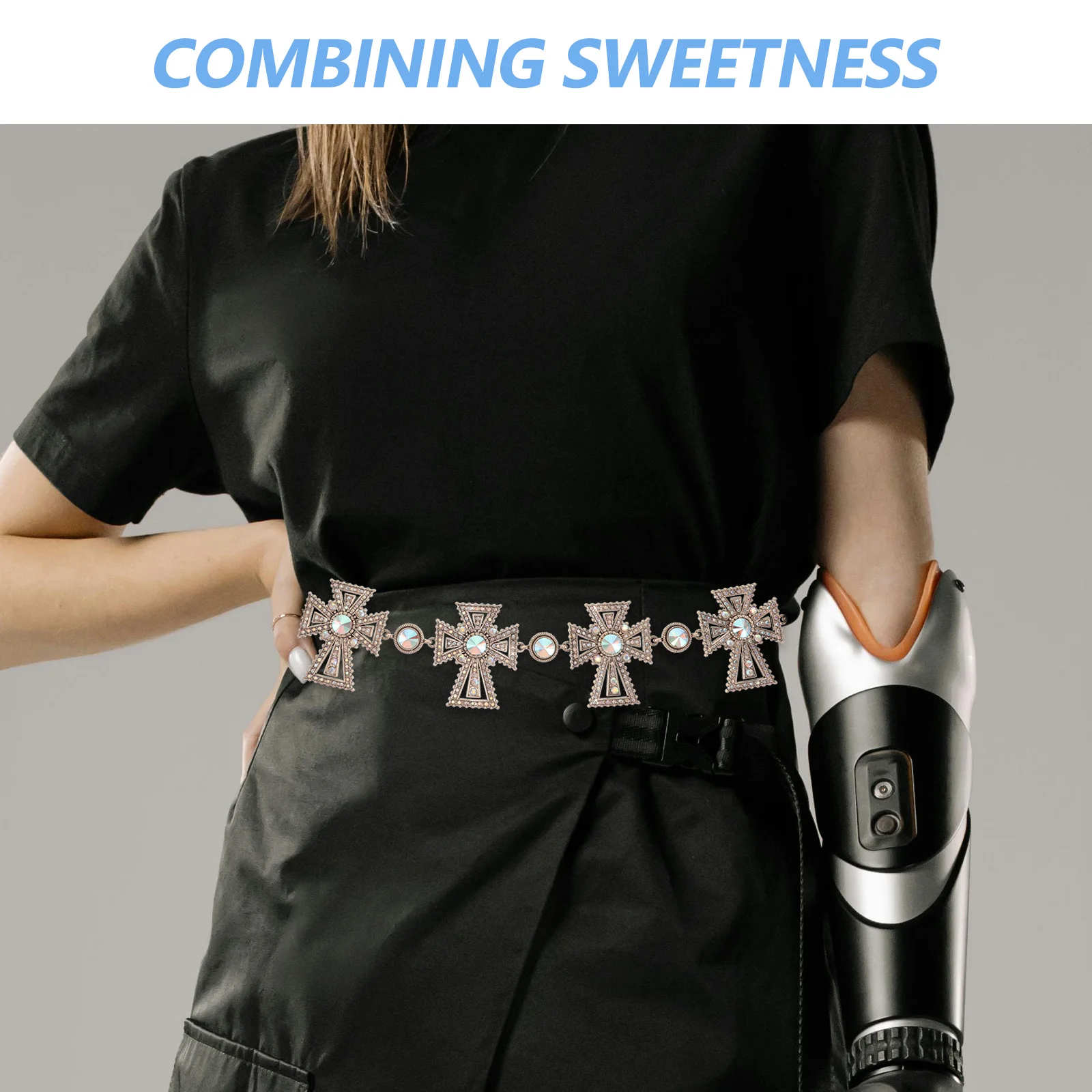 Cowgirl Rhinestone Chain Belt Adjustable Golden Cross Waist Chain Punk Metal Body Jewelry for Party Festival Outfits