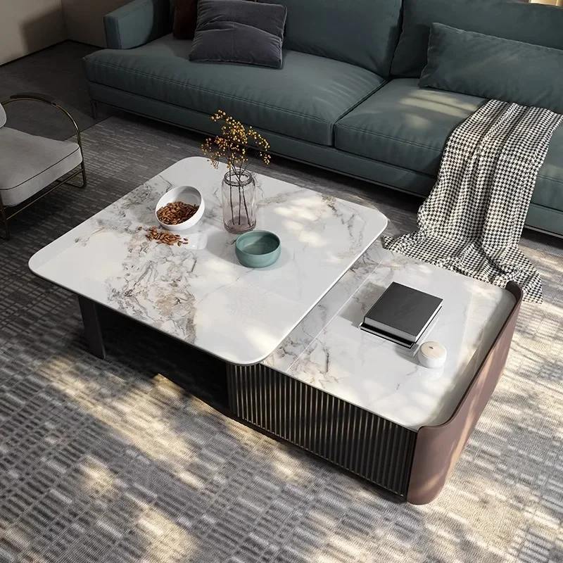 Light luxury rock slab coffee table Italian minimalist square size combination with drawers modern advanced small apartment