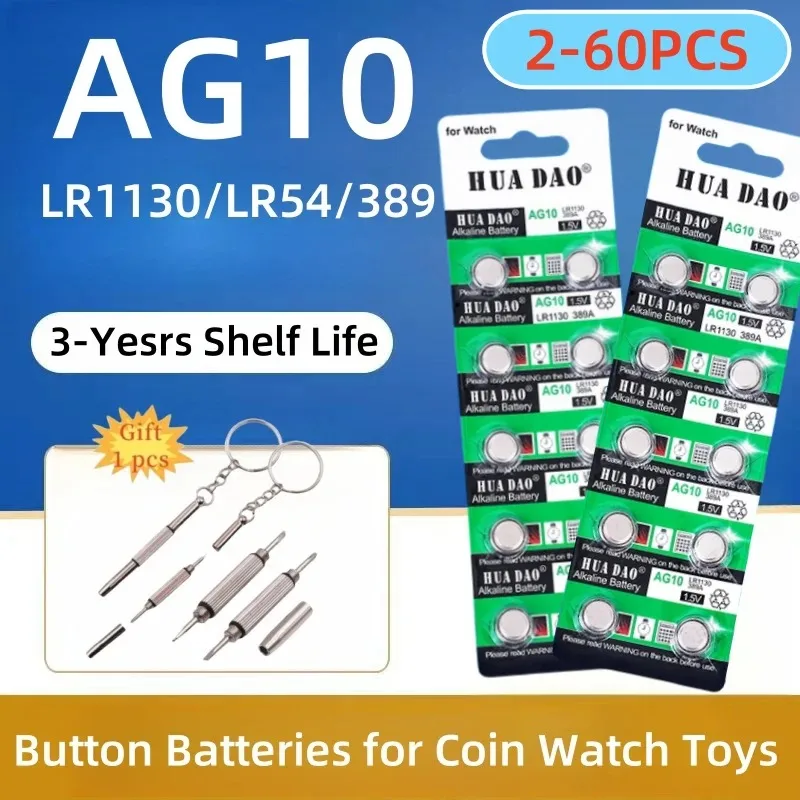 2-60PCS AG10 1.55V LR1130 Button Batteries 389A 198 LR54 189 LR54 Cell Coin Alkaline Battery SR54 389 189 for Watch Computers