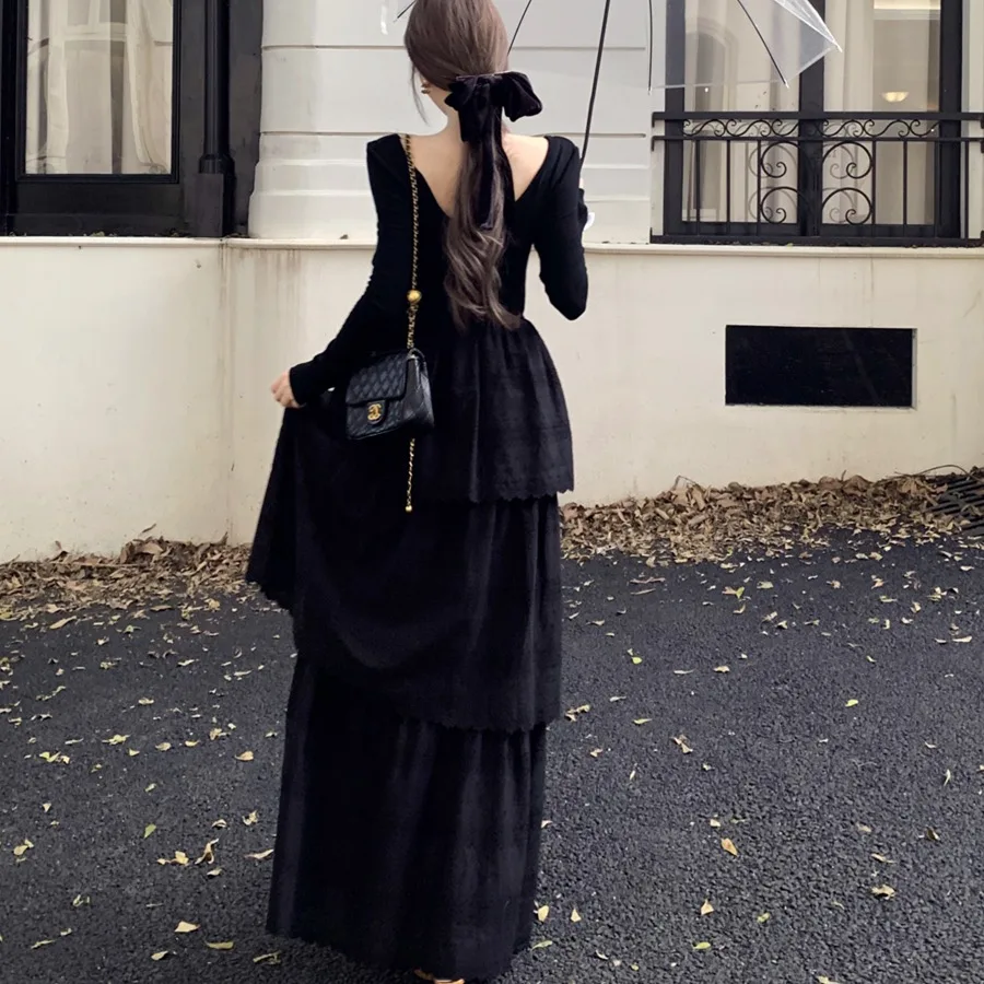 ชุดเดรสยาวหรูหราผ้าแจ็คการ์ดสีขาวแต่งระบายสำหรับผู้หญิง ฤดูใบไม้ร่วง ฤดูหนาว ชุดเดรสทรงระบายหรูหราสไตล์เกาหลี ปี 2025 ชุดเดรสเข้ารูปสำหรับงานปาร์ตี้