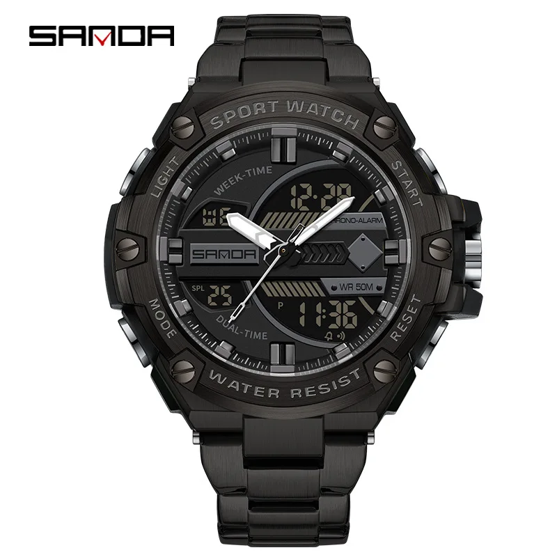 SANDA 3185 Men's Electronic Watches Alarm Mode Waterproof Shock Resistant Outdoor Sports Chronograph Stainless Steel Strap Watch