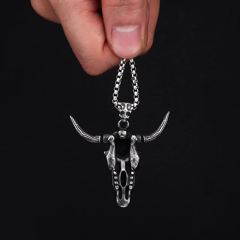 Fashion Dropshipping 316L Stainless Steel Punk Cow/Bull Ox Head Skull Charm Pendant Necklace For Man Hiphop Jewelry Party Gift