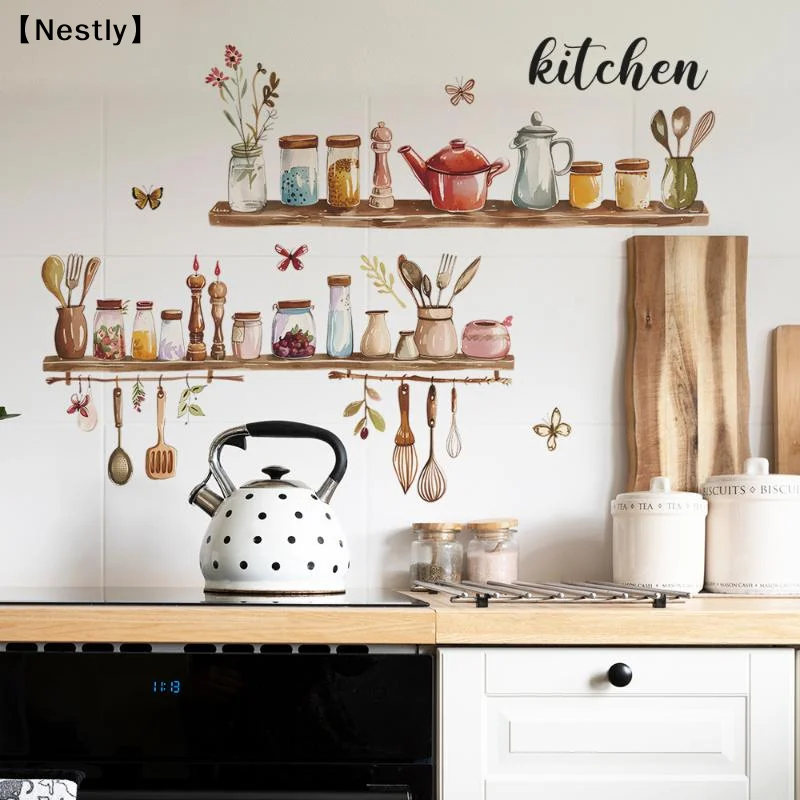 1PC Painted Kitchenware Glass Jar Kitchen Dining Room Home Beautification Decoration Wall Sticker PVC Material〔Nest〕