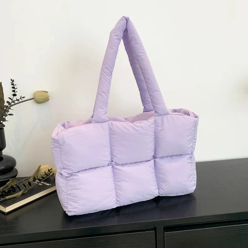 Quilted Plaid Bag Women Tote Handbags Retro Trendy Checkered Waterproof Shoulder Bag Solid Color Winter Soft Large Capacity Bags image 6